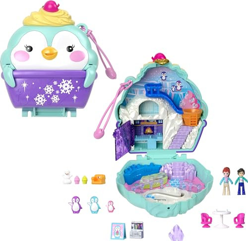 Polly Pocket Puppen & Spielset, Schneesüßer Pinguin Kompakt mit 13 Zubehörteilen, Reisespielzeug mit Zappelaußenseite