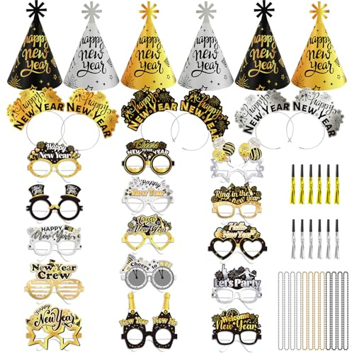 DPKOW Schwarz Gold Silber Silvester Deko 2027 Silvester Partyhüte Haarreif Brille Halsketten Tröten Accessories für Deko Party 2027