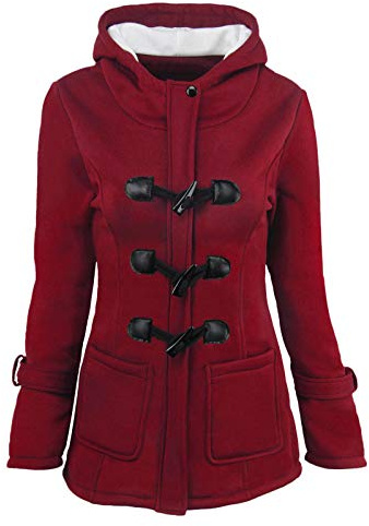 Women Fuzzy Lining Jacket Casual Cow Horn Button Warm Cozy Jacket with Hooded Zip Up Plush Winter Coat Fuzzy Hoodies Red