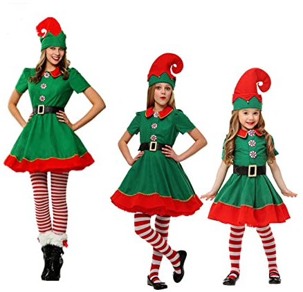 Springcmy Women Men Kid Christmas Elf Cosplay Costume Short Sleeve Santa Dress+ Pants+Leg Warmer+Hat+ Belt Xmas Costume (Women, A-Green Elf Costume, S)
