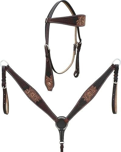 EQUIGEAR Western-Leder-Set mit handgefertigtem Kopfstück und Vorderzeug mit Zügeln. /Size-Full,Cob,Pony AV-05 (Full)