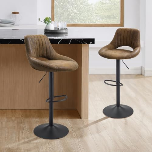 Zouron Tabouret de Bar (Hauteur réglable et pivotant) Lot de 2,Tabouret de Bar (Style Industriel), Chaise de Cuisine avec Dossier et Repose-Pieds, Chaise de Bar,Grand siège (54.5 * 50.5cm),Marron