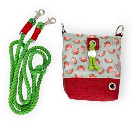 Matibuli Leckerlibeutel Umhängetasche Kotbeutelspender Leckerlitasche aus beschichteter Baumwolle und Kunstleder mit Melonen-Muster in der Farbe Rot/Grün