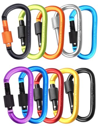 MORAINJAY Karabiner Schlüsselanhänger mit Schraubverschluss,D Form Aluminium Schraubkarabiner,10 Stück Karabinerhaken,Kletterkarabiner Clips für Camping,Angeln,Wandern,Reisen,Outdoor
