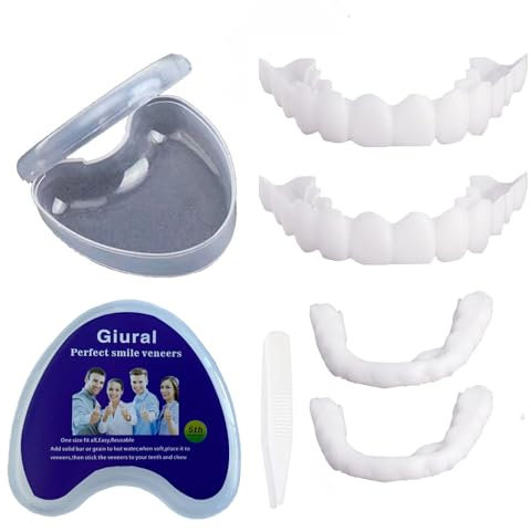 Giural 2 Paar Silikon-Prothesen, Künstliche Zähne, Provisorischer Zahnersatz, Snap On-Veneers-Teeth, Zähne Zum Aufstecken Abdecken Rissiger Zähne Für Männer Und Frauen Mit Pinzette