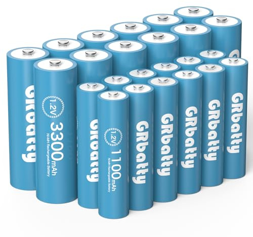 GRbatty Pilas Recargables AA y AAA 1,2 V 12 Piezas de AA 3300mAh y 12 Piezas de AAA 1100mAh Ni-MH Alta Capacidad Batería Recargables,más de 1200 ciclos