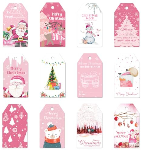 GDVONE 60 Stück Weihnachten Geschenkanhänger Merry Christmas Papieranhänger Tags Rosa Weihnachten Anhänger Etiketten mit Jute Schnur für Handmade,Weihnachten (A)