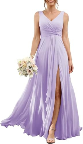YIANN Robes de demoiselle d'honneur longues pour grande taille avec fente Lilas col en V avec volants en mousseline de soie Robe de soirée formelle avec poches UK32