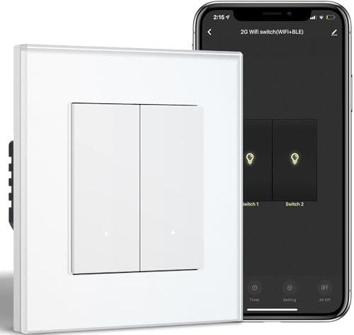 BSEED Smart Lichtschalter Unterputz mit Glasfläche 2 Fach 1 Weg, WiFi Taste Schalter kompatibel mit Alexa/Google Home, Intelligente Wandschalter arbeitet mit Smart Life/Tuya App, Weiß