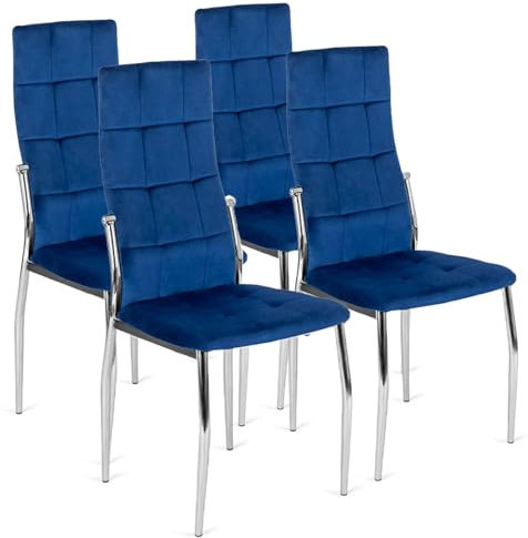 MEBEL ELITE Esszimmerstühle 4er Set – Weiche Stühle aus Velourstoff in Marineblau – Gepolsterte Stühle mit silbernen Metallbeinen – Moderne, Pflegeleichte Esszimmerstühle im eleganten Design
