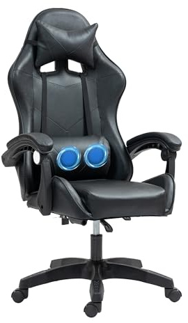COZYBRITE Gaming Chair Office Desk Computer Chairs Swivel with Massage Headrest Back Support Reclining Ergonomic Design Faux Leather (Black+Black)