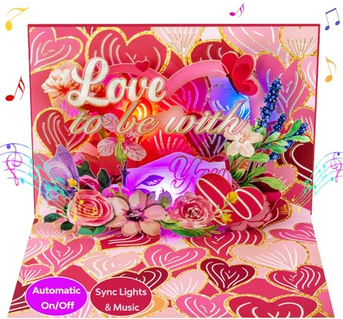 Musikaliskt 3D popup-kort för alla hjärtans dag och årsdag med LED-lampor – hjärtram med blommor, fjärilar – romantiskt kort för årsdag, födelsedag, bröllop, mors dag