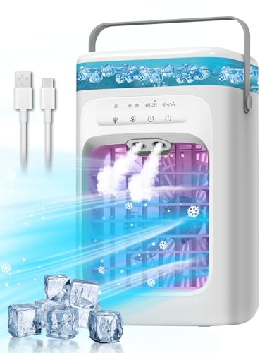 Portable Air Conditioner, Evaporative Mini Portable AC Unit with 3 Speeds & 2 Mist, 120° Oscillating, 7 Color Lights 2-4H Timer, Small Cooling Fan for Bedroom, Office, Home, Camping