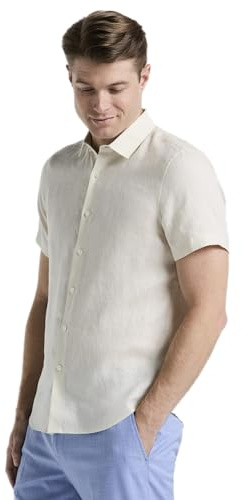 Perry Ellis Men's Short Sleeve Linen Button Down Shirt, Natural Linen, X-Large