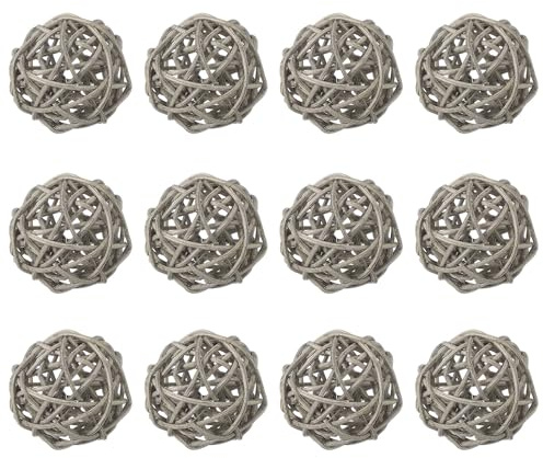 QUARKZMAN Rattan Deko Kugeln 50mm Grau 12 Stück | Dekokugel Wicker Rattan Ball Wellensittich Spielzeug Vogelspielzeug Hochzeitsfeier Mittelstücke Hausdekoration Vasenfüller