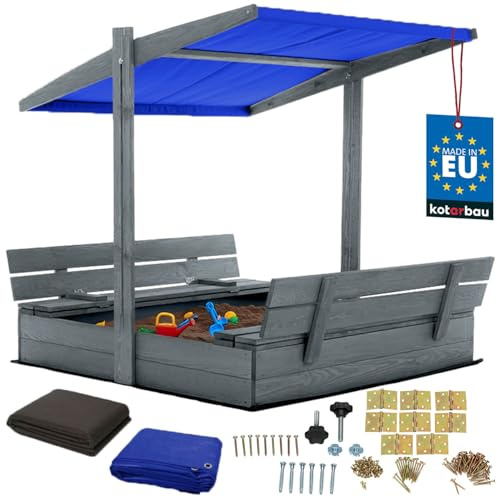 KOTARBAU® Sandlåda i Trä - 120 x 120 cm - Brun - Sandlåda med Lock - Bänkar - för Barn Utomhus - med Blått Tak - med Solskydd och Markduk