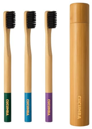 CUCUMBA Brosse à dents en bambou souple pour gencives sensibles, kit de voyage, 3 pièces et 1 étui, brosse à dents naturelle, durable, poils doux au charbon, respectueux de l'environnement, léger et