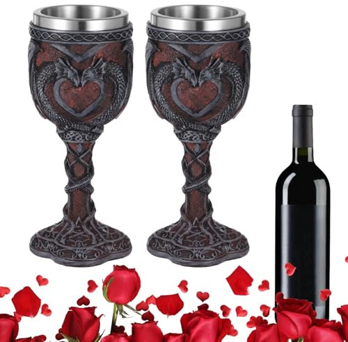 Bosreroy Lot de 2 calices vintage en forme de dragon - 200 ml - En acier inoxydable - Style médiéval - Style gothique - Pour fêtes