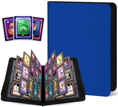 Álbum de Tarjetas para 360 Toploaders Gran Capacidad - 9 Bolsillos Álbum Protección, Cremallera Sin Anillas - Compatible con Toploaders 7,6x10,16 cm para Deportes, Colección (Azul Oscuro)