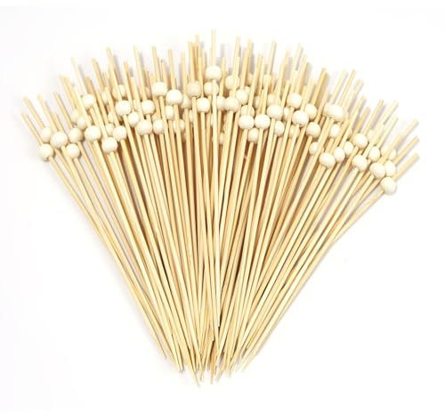 Pique Aperitif, Pic Brochette Bois Naturel 12cm, Pic a Brochette avec Perles Blanches, Pic Aperitif Pique Brochette Bois pour Fruits, Snacks, Gâteaux, Sandwich, Déco Cocktail (100 pics)
