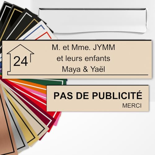 Plaque Boîte aux Lettres et Stop Pub Personnalisée Sable/Noir | Lot de 2 Plaques boîte aux lettres et Pas de Publicité , Gravure Laser, 22 Couleurs, Avec ou Sans Motif, Adhésif 3M
