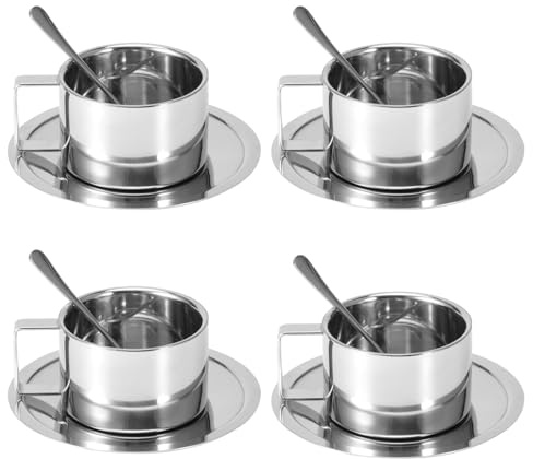 Tomedny Tazza di caffè da 4 pacchi in acciaio inossidabile, tazze da caffè a doppia parete da tè tazze espresso con cucchiaio e piattino per forniture da cucina da tè al latte di