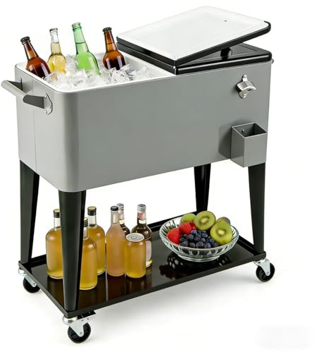 SPOTRAVEL 75L/76L Rolling Cooler Cart, Insulation Ice Chest on Wheels with Shelf, Handles & Bottle Opener, Outdoor Beverage Cooler Serving Trolley for Party Camping (Black + Grey, 91 x 46 x 88 cm)