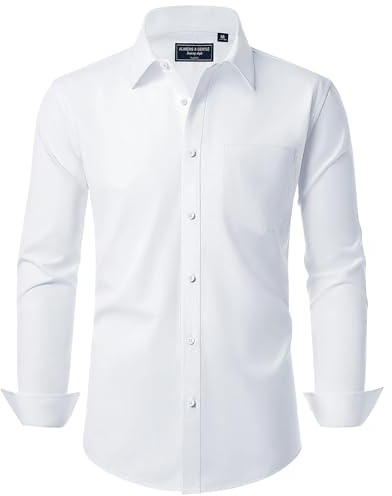 Alimens & Gentle Men's Fashion White Shirt Long Sleeve Non Iron Formal Regular Fit Button Down Dress Shirts with Pocket XL