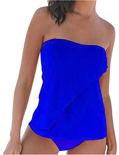 Tankini Sets for Women UK Strapless Bandeau Plain Two Piece Swimming Costume Trendy Solid Color Swimsuit Holiday Beach Layered Flowy Bathing Suit with Bottom
