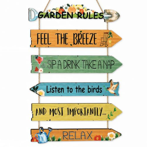 Garden Rules Wall Sign,Feel The Breeze Sipa Drink Takeanap Listen To The Birds Most Importanily Relax,Yard Rustic Hanging Wooden Plaque for Gardening Home Art Decor Backyard Party