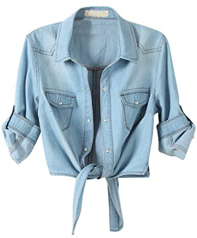 Omoone Women's 3/4 Sleeve Modern Denim Crop Top Tie Knot Shirt Cardigan (0774-Light Blue-XL)