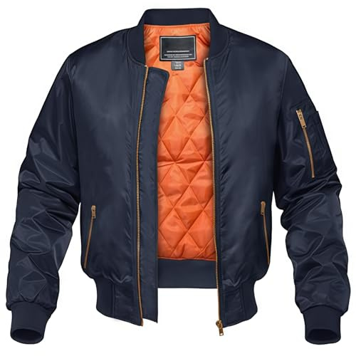 KEFITEVD Chaquetas Bombardero Prueba Viento Hombres Abrigos Moto Béisbol Cálidos Chaqueta Trabajo Invierno con 4 Bolsillos,Azul Marino,M