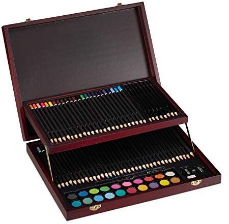 Relaxdays Valigetta Colori, 73 pz.,Set da Disegno Legno,Matite Colorate,Pastelli, Acquerelli,Temperino & Gomma,bordeaux