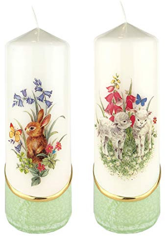 Meissner-Handel Auswahl * 2 Stück Osterkerze Stumpenkerze Osterdeko * 6 x 18 cm * mit farbigen Wachs- und Bildauflagen * Auswahl Motiv + Farbe * grün * (Serie 3 - Set 08/10)