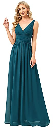 Ever-Pretty Vestito da Cerimonia Donna Linea ad A Stile Impero Chiffon Scollo a V Senza Maniche Abito da Damigella Chic Teal 40