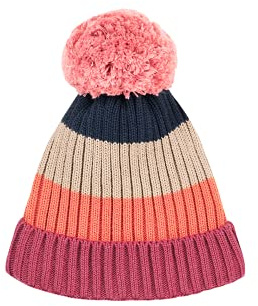 Finkid Pompula Gestreift-Bunt-Rot - Warme Kinder Grobstrick Bommelmütze, Größe 50 - Farbe Beet Red - Rose