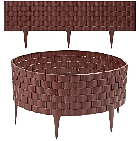 16 X Decorative Brown Faux Rattan Effect Garden Border - Plastic Garden Edging | Interlocking & Push In Securing Pegs | Can Create Straight Or Curved Shape | Ideal For Border Flowerbed Path & Lawn