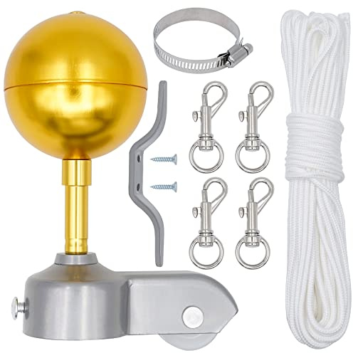 NAOEDEAH Fahnenmast-Set, 15 m, Fahnenmast-Seil, Ersatz-Set, Fahnenmast, Hardware-Teile, Reparatur-Set, Zubehör, 7.6 cm Fahnenmast-Topper, Stollenhaken, Fahnenmast-Riemenscheibe, LKW für 5.1 cm