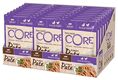 Wellness CORE Purely Paté Ente & Huhn, 24 x 85 g, Premium Nassfutter für ausgewachsene Katzen, Katzenfutter Pastete, ohne Zuckerzusatz, getreidefrei, mit hohem Fleischanteil