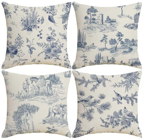 LOHDALOLF Blue Toile Cushion Covers 45x45 cm Set of 4 Vintage French Country Cushion Cases Chinoiserie Decorative Pillow Covers for Sofa Living Room