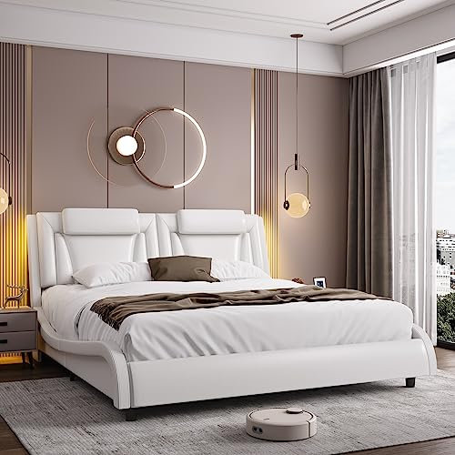 Keyluv King LED Upholstered Bed Frame with Adjustable Headboard, White
