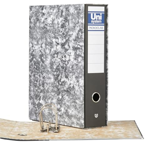 Unipapel | Archivador con Palanca y Caja | Tamaño Folio | Anillas 65mm Niqueladas | Ollao Frontal | Cantonera Larga | 35x29x7,5cm | Cartón Forrado | Jaspeado | Unisystem Novoclas