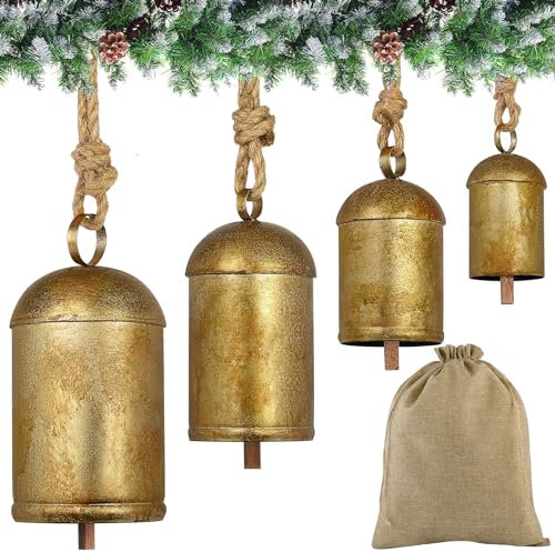 Fovths 4 Stück Weihnachtskuhglocken Rustikale Metall Hängende Glocken Harmonie Kuhglocken mit Seil Vintage Dekorative Windspiele Glocken, Weihnachtsbaum Kamin Girlande Ornamente