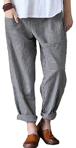 Minibee Women's Wide Leg Harem Pants Cotton Linen Striped Casual Palazzo Pants with Pockets Stripes-Gray XL