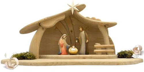 Akantus Leonardo Weihnachtskrippe aus Holz: Heilige Familie mit Stall HL.Nacht groß bemalt (10 cm)