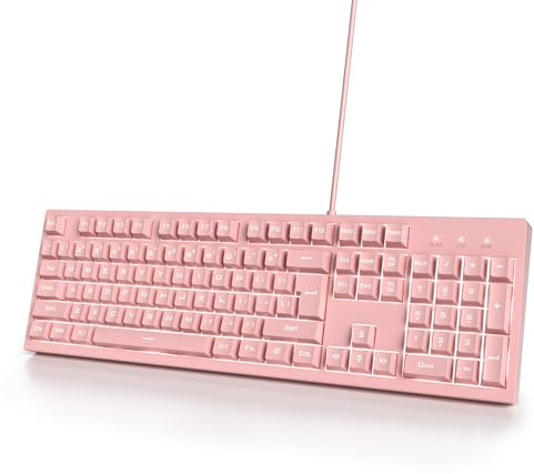 Ussixchare Clavier de jeu rose 104 touches silencieuses et crémeuses - Clavier filaire lumineux à double tir - Clavier à membrane rétroéclairé à DEL pour PC et ordinateur portable (104 rose)