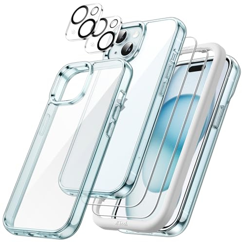 JETech Cover 5 in 1 per iPhone 15, Anti-Ingiallimento, Blu | 2 Pellicole in Vetro Temperato, 2 Protezioni per Fotocamera, Custodia Telefono Antiurto