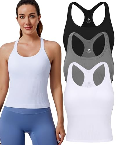 Evercute Women's 1/2/3 Pack Ribbed Workout Tank Tops with Built in Bra Racerback Seamless Crop Tank Tops Camisole Sport Tanks
