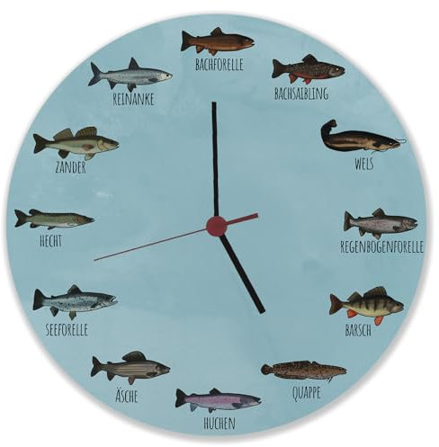speecheese Deutsche Fischarten Wanduhr Uhr mit Fischen aus Deutschen Gewässern witzige Idee für Angler als Deko für das Vereinsheim, die Garage oder den Keller