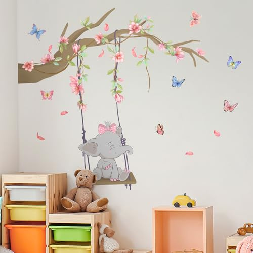 Tanlaby Cartoon Elefantenschaukel Wandtattoo Wandsticker Zweig Blume | Selbstklebend Abnehmbar Wandkunst Aufkleber für Kinder Schlafzimmer Spielzimmer Wanddekoration